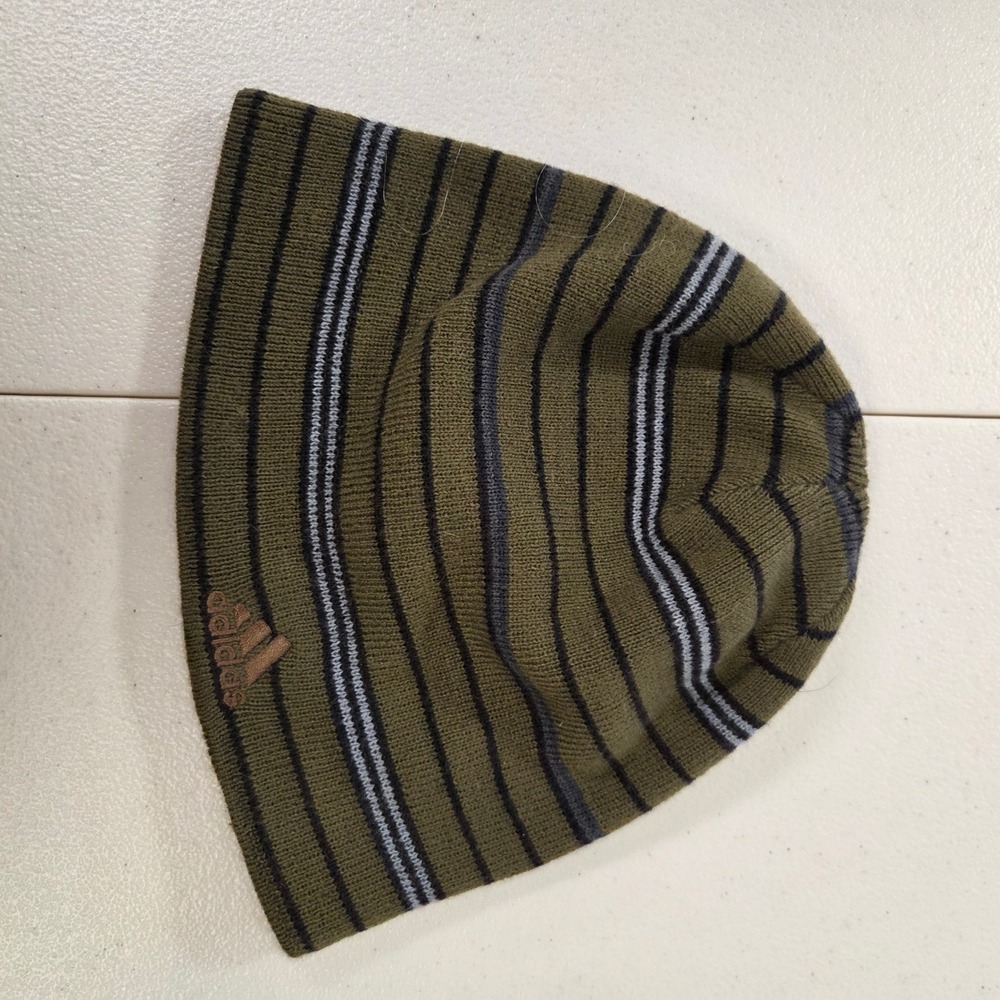 Adidas ClimaWarm Beanie Hat Olive Green Brown Striped Knit Skull Cap Unisex OS